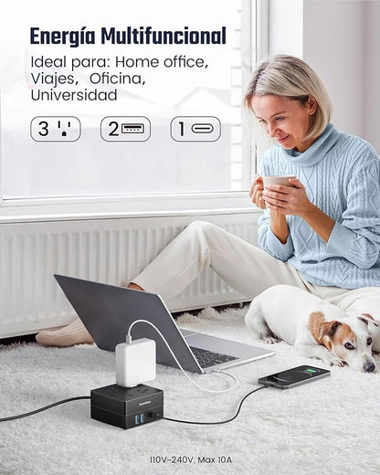 Power Strip, SUPERDANNY 4-Outlet 4-USB Surge Protector, 5 Ft Extension Cord, 900 Joules, Overload Switch, Grounded, Mountable, Desktop Charging Station for Home, Office, School, Dorm, Computer, Black
