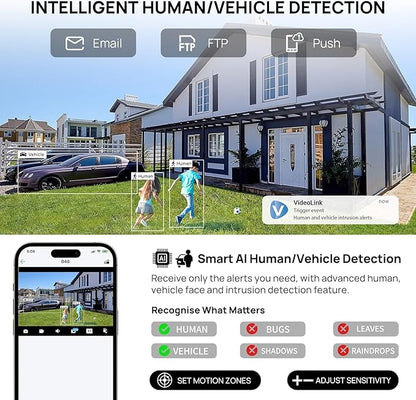 5MP PoE Camera,Smart Human/Vehicle Detection IP Camera,Built-in Mic,2.8mm Lens 105°Wide Angle Vision POE Security Camera,98ft IR Night Vision, 24/7 Recording,IP67 Waterproof, NDAA Compliant (Black)
