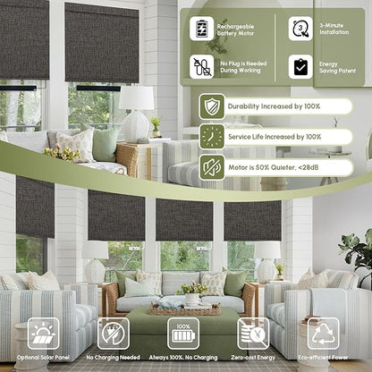 FineTell Motorized Blinds with Remote, 100% Blackout Roller Shades Compatible with Alexa,Apple Homekit,Google Home APP and Voice Control, Customized Electric Blinds (100% Blackout Classic Shadow)