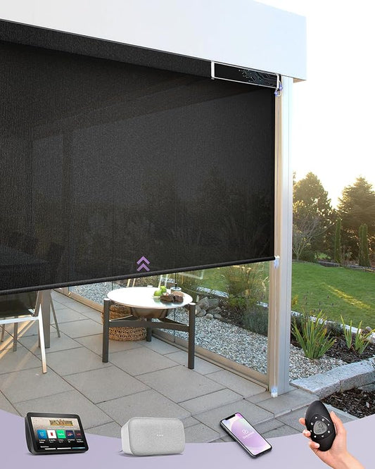 Graywind Motorized Patio Shades - Work with Alexa & Google; Outdoor, Solar Powered, Custom Size (3% Openness, AegisLite Onyx)