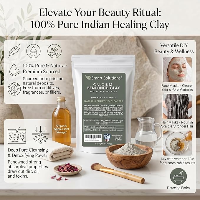 SMART SOLUTIONS Calcium Bentonite Clay, 2 lb Pure Indian Healing Clay - All Natural for External Use | DIY Facial Treatments, Deodorants, Hair Masks
