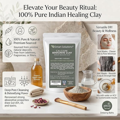 SMART SOLUTIONS Calcium Bentonite Clay, 2 lb Pure Indian Healing Clay - All Natural for External Use | DIY Facial Treatments, Deodorants, Hair Masks