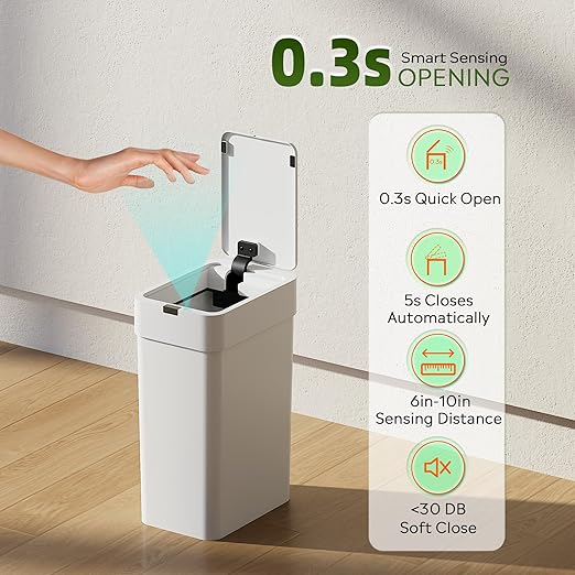 WLIVE Small Bathroom Trash Can, 9 Liter / 2.4 Gal Motion Sensor Trash Can, IPX5 Waterproof Touchless Garbage Can for Bathroom, Office, Dorm, White