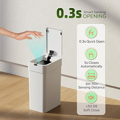 WLIVE Small Bathroom Trash Can, 9 Liter / 2.4 Gal Motion Sensor Trash Can, IPX5 Waterproof Touchless Garbage Can for Bathroom, Office, Dorm, White