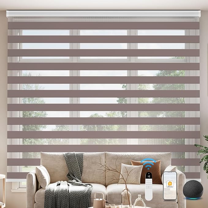 Interior Window Shades, Smart Dual Layer Light Filtering Blinds Compatible with Alexa & Google Home, Customized Size Cordless Electric Window Shades, (Brown, 70% Blackout)