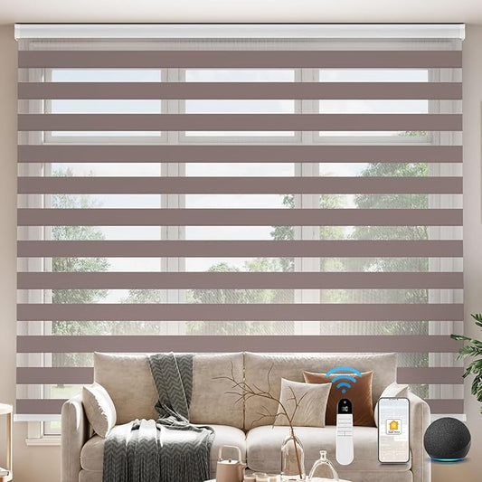 Interior Window Shades, Smart Dual Layer Light Filtering Blinds Compatible with Alexa & Google Home, Customized Size Cordless Electric Window Shades, (Brown, 70% Blackout)
