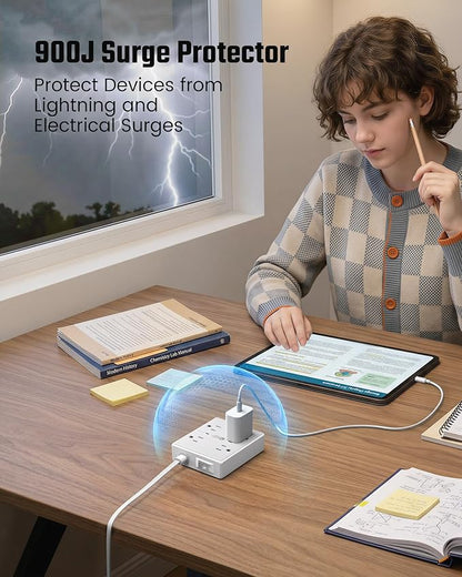 SUPERDANNY Flat Plug Power Strip Surge Protector 10 Ft Long Flat Extension Cord with 4 Outlets & 4 USB (2 USB-C) Charging Station for Home Office, College Dorm Room Essentials, Travel, White