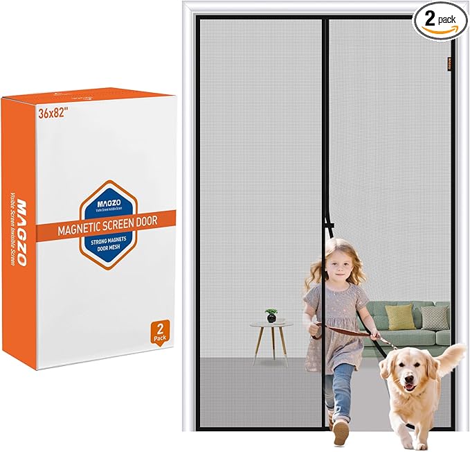 MAGZO Magnetic Screen Door 2 Pack Fit Door Size 36 x 82 Inch, Screen Size 38" x 83" Strong Magnets Mesh, Reinforced Fiberglass Net for Patio and Front Entrances, Gray
