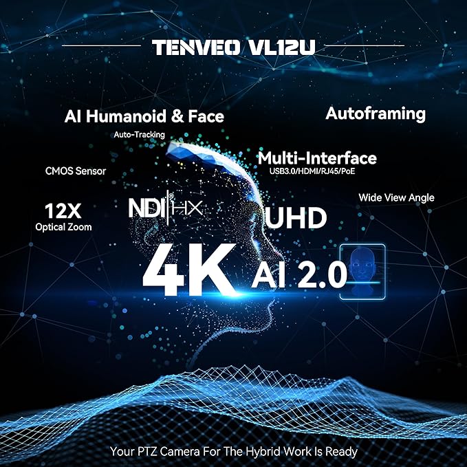 Tenveo 4K NDI PTZ Camera, AI Humanoid & Face Auto-Tracking, 12X Optical Zoom Wide Angle, USB3.0/HDMI/LAN PoE IP Live Streaming for Church Worship Video Conference Broadcast Events YouTube OBS vMix