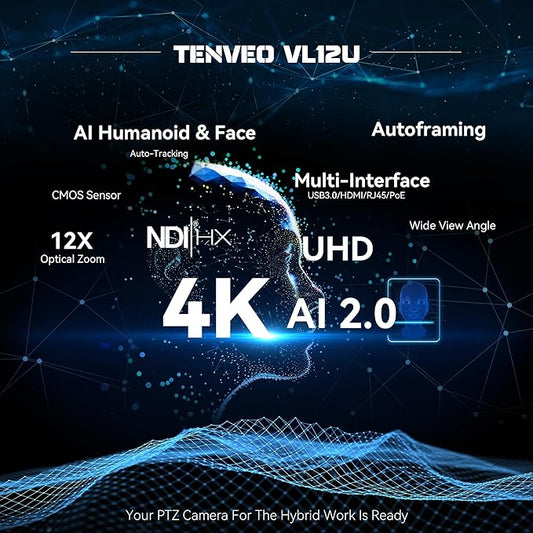 Tenveo 4K NDI PTZ Camera, AI Humanoid & Face Auto-Tracking, 12X Optical Zoom Wide Angle, USB3.0/HDMI/LAN PoE IP Live Streaming for Church Worship Video Conference Broadcast Events YouTube OBS vMix