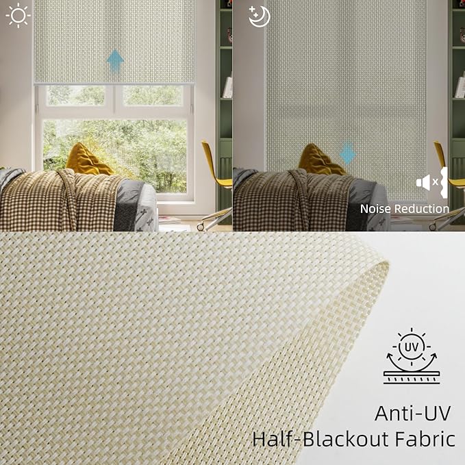 SmartWings Motorized Roller Shades 5% Openness Work with Homekit, Alexa SmartThings Google, Zigbee Motor Smart Blinds for Windows, Cordless Remote Window Shades, Rechargeable, Customized, White Linen