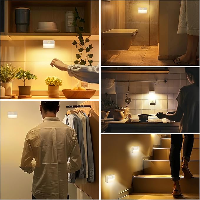 3 Pack Rechargeable Motion Sensor Stair Lights Indoor, Automatic Activated LED Night Light Wireless Battery Powered Portable Hallway Step Toilet Closet Lamp for Bedroom Kitchen