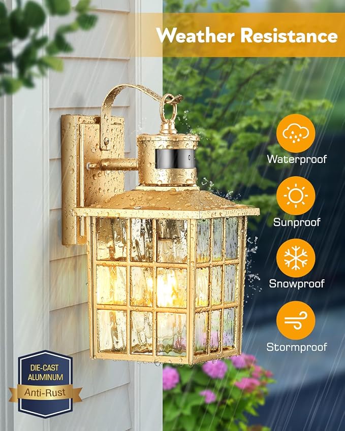 VIANIS Gold Motion Sensor Porch Lights Outdoor, Adjustable Brightness