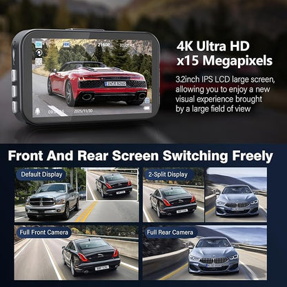 Miden 4K+4K Dash Cam Front and Rear,Free 64G SD Card,2160P+2160P UHD Dual Dash Camera for Cars,176°+160°Wide Angle,3.5'' IPS Screen Dashcam,Loop Recording,G-Sensor,WDR,Night Vision,24H Parking Monitor