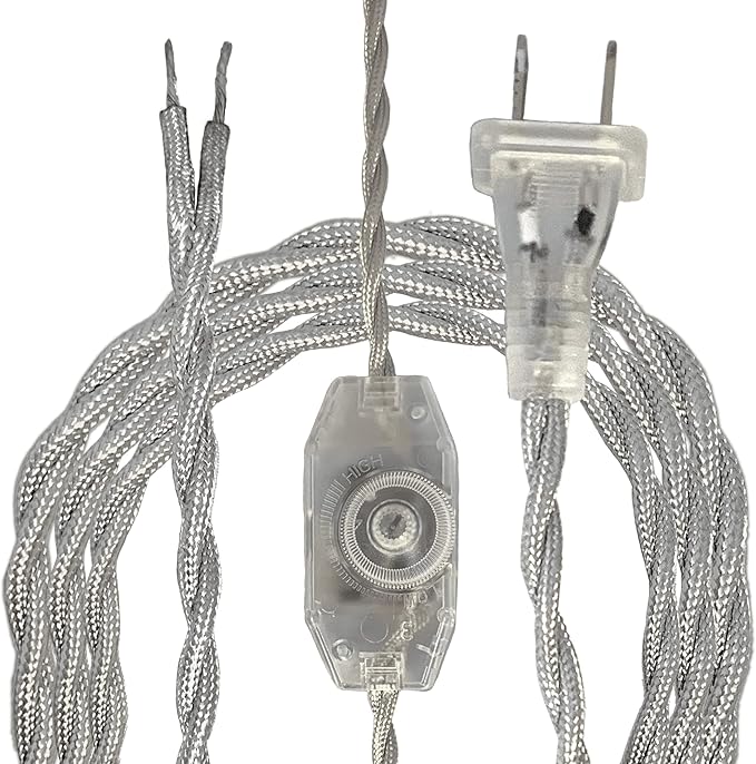 Royal Designs, Inc. 8Ft Twisted Rayon Lamp Cord with NEMA-15P Plug, Rotary Dimmer Switch, Stripped Ends Ready for Wiring, SPT-1 UL Listed, Silver - Pack of 1
