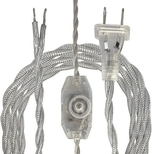 Royal Designs, Inc. 8Ft Twisted Rayon Lamp Cord with NEMA-15P Plug, Rotary Dimmer Switch, Stripped Ends Ready for Wiring, SPT-1 UL Listed, Silver - Pack of 1