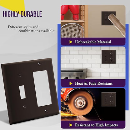 ENERLITES Combination Toggle Light Switch/Decorator Light Switch Plate, Double Switch Wall Plate, Standard Size 2-Gang 4.50" x 4.57", Polycarbonate Thermoplastic, 881131-BR, Brown