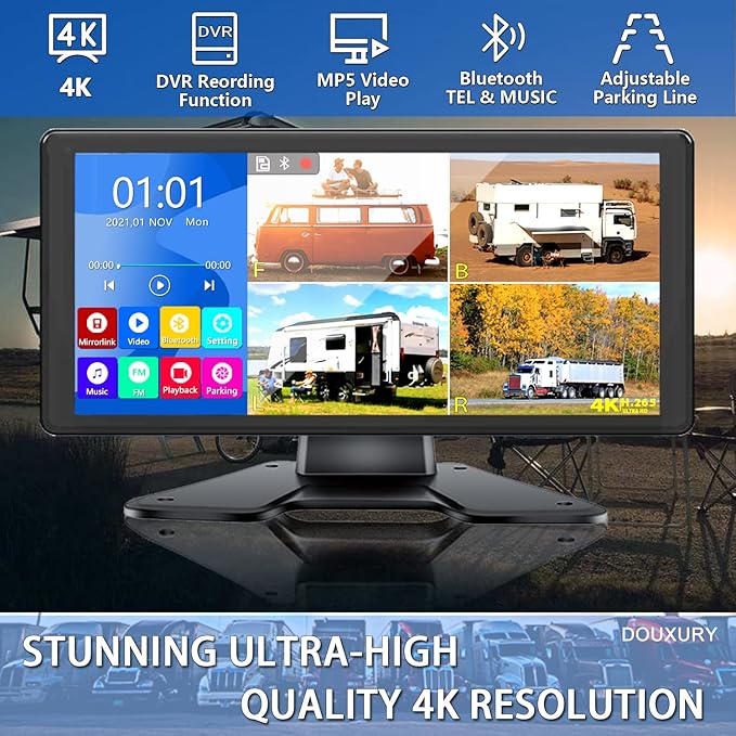 RV Backup Camera for RV Truck Semi Truck Trailer, 4K 10.36" Touch Monitor with Recording DVR MP5 Bluetooth Adjustable Parking Assist Line & Four 1080P AHD IP69 Waterproof Rear Side View Backup Cameras
