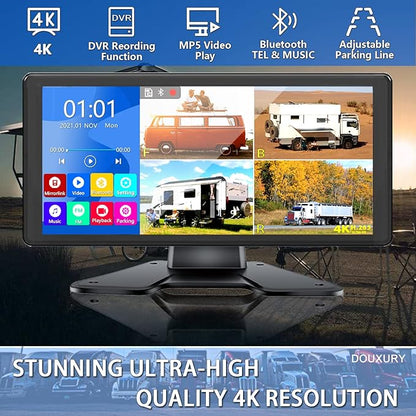 RV Backup Camera for RV Truck Semi Truck Trailer, 4K 10.36" Touch Monitor with Recording DVR MP5 Bluetooth Adjustable Parking Assist Line & Four 1080P AHD IP69 Waterproof Rear Side View Backup Cameras