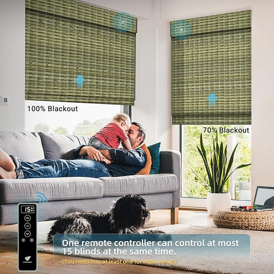 SmartWings Motorized Wood Blinds for Windows Work with Matter Homekit Zigbee Alexa Z-Wave, Smart Wooven Shades Blackout/Light fitlering, Electric Roman Shades with Remote, Customized, Bamboo Jute 922