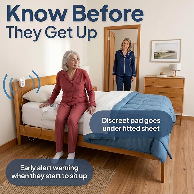 Smart Caregiver Bed Alarm for Elderly Adults – Fall Prevention System with 10"x30" Weight-Sensing Bed Pad – Automatically Alerts Caregiver When They Get Up