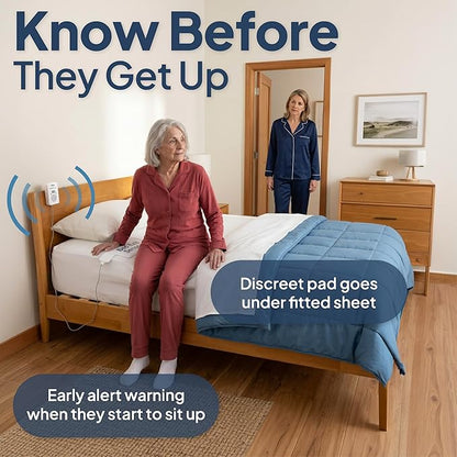 Smart Caregiver Bed Alarm for Elderly Adults – Fall Prevention System with 10"x30" Weight-Sensing Bed Pad – Automatically Alerts Caregiver When They Get Up