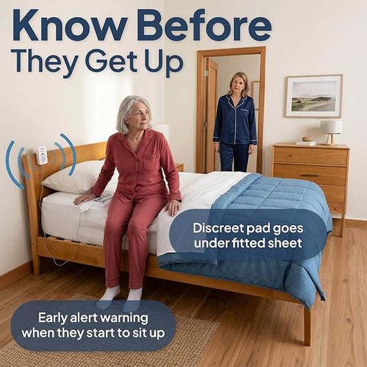Smart Caregiver Bed Alarm for Elderly Adults – Fall Prevention System with 10"x30" Weight-Sensing Bed Pad – Automatically Alerts Caregiver When They Get Up
