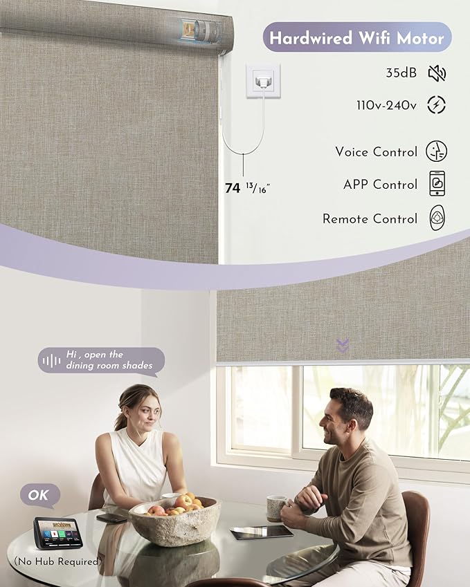 Graywind Smart Blackout Roller Shades Work with Alexa Google WiFi Hardwired Triple Weaved Fabric Motorized Blinds Remote Window Shades, Custom Size (Light Coffee)