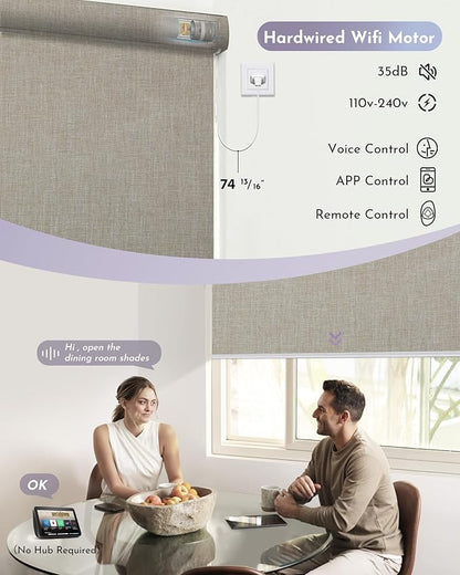 Graywind Smart Blackout Roller Shades Work with Alexa Google WiFi Hardwired Triple Weaved Fabric Motorized Blinds Remote Window Shades, Custom Size (Light Coffee)