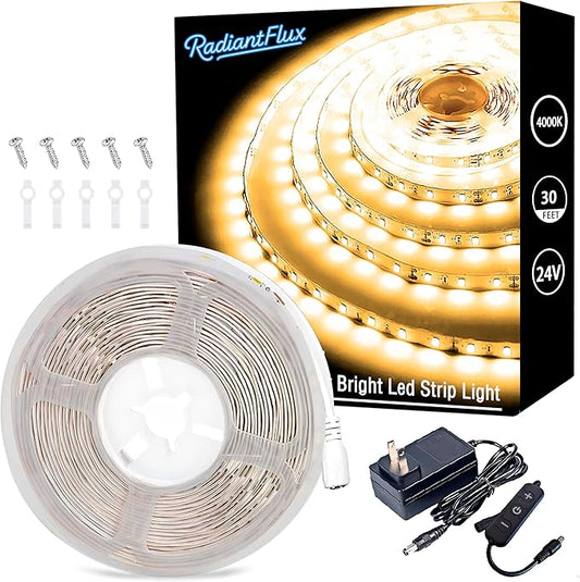 RadiantFlux 4000K 30Ft LED Strip Lights, Dimmable Natural Indoor Lighting, Flexible Super Bright LED Tape for Living Room, Kitchen, Vanity Mirror & More