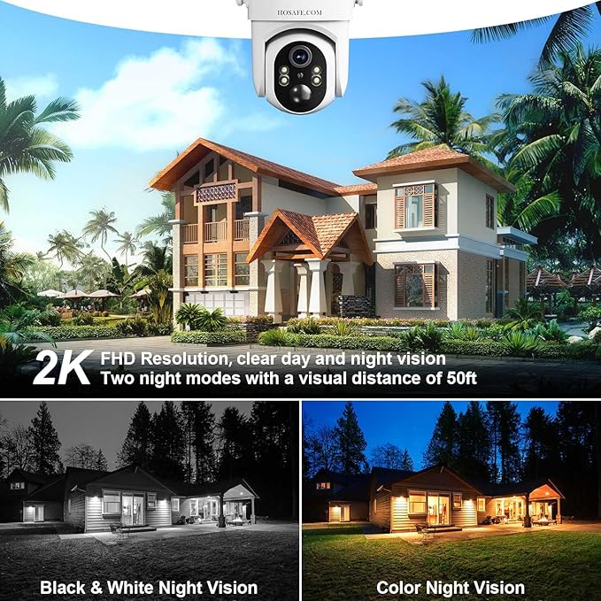 HOSAFE.COM Wireless Security Camera Outdoor, 360° PTZ Remote Cameras for Home Security Solar Powered, 2K 3MP Surveillance & Security Cameras, Free Cloud Storage(Need Apply)