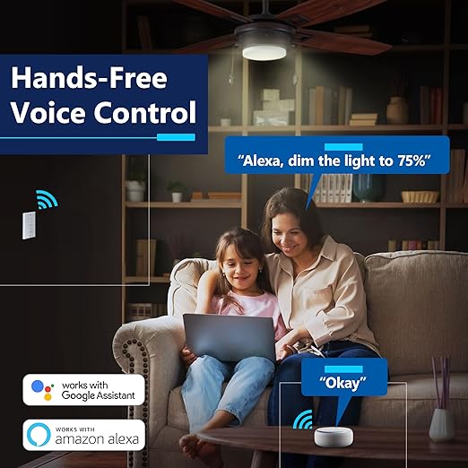 LIDER Smart Fan Switch, 2.4GHz Wi-Fi Combination Dimmer Switch with 4-Speed Fan Control, Single Pole, Neutral Wire Required, 120V, 300W Incandescent, 150W CFL/LED, UL Listed, White