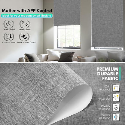 Motorized Blinds with Remote, Smart Blinds with Solar Panel, Cordless Blackout Automatic Shades with Matter Motor, Grey, 46×72