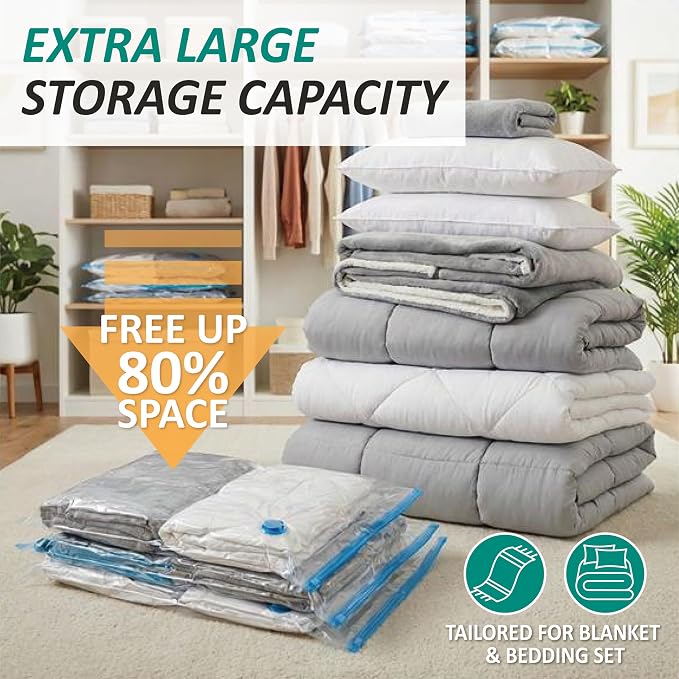 12 Jumbo Vacuum Storage Bags for Blankets & Bedding, Space Saver Bags | Jumbo Capacity for Bulky Bedding; 80% Space-Saving for Blankets, Comforters & Pillows; For Closets & Seasonal Storage