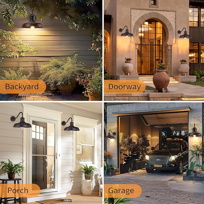 13.8'' Large Dusk to Dawn Outdoor Gooseneck Barn Light, 2-Pack Outdoor Wall Sconce Farmhouse Exterior Light Wall Lighting Fixture Industrial Lantern for Porch, Entryway, Garage, Brown