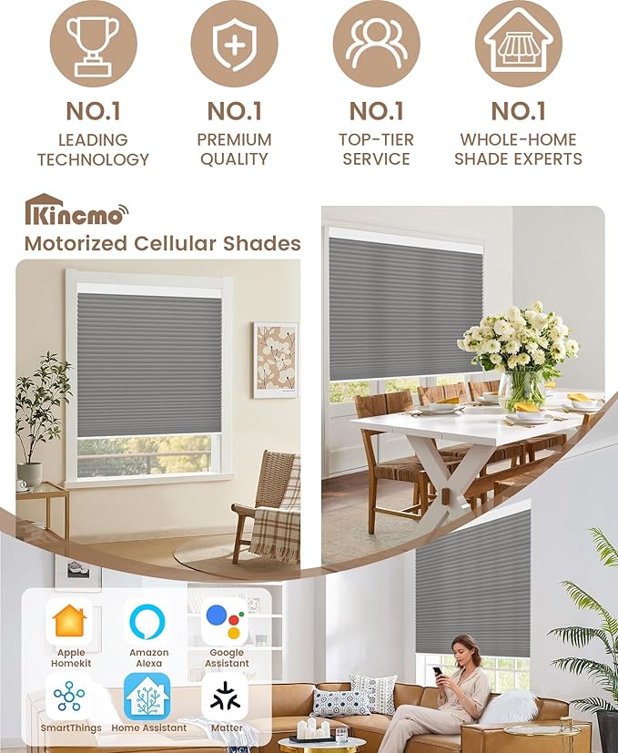 Kincmo Motorized Cellular Shades, Custom Motorized Blinds with Remote, Cordless Smart Electric Honeycomb Blinds Work with Apple HomeKit, Alexa, Google (75%-Blackout-Single-Cell Grey)