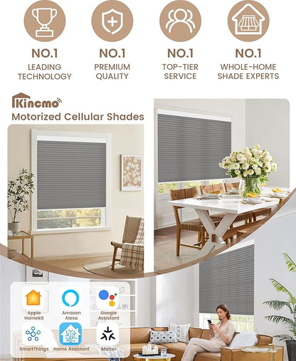 Kincmo Motorized Cellular Shades, Custom Motorized Blinds with Remote, Cordless Smart Electric Honeycomb Blinds Work with Apple HomeKit, Alexa, Google (75%-Blackout-Single-Cell Grey)