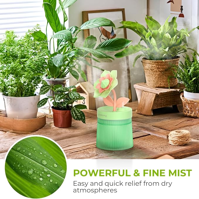 Flower Mini Humidifier, Cute Small Humidifiers, USB Portable Personal Cool Mist Desktop Humidifiers, Cooling for Home Office Car Summer Travel (260ml, Green Gardenia)