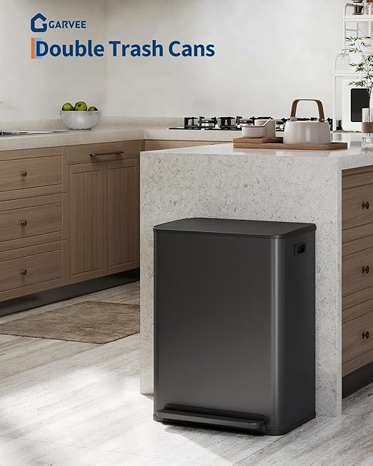 Garvee Stainless Steel Garbage Can, 2 x 8 gal Dual Compartment Trash Can with 2 Inner Buckets and Soft Close Lid, Foot Pedal Garbage Bin for Bathroom, Living Room, Kitchen, Black