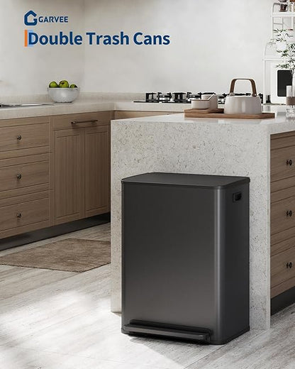 Garvee Stainless Steel Garbage Can, 2 x 8 gal Dual Compartment Trash Can with 2 Inner Buckets and Soft Close Lid, Foot Pedal Garbage Bin for Bathroom, Living Room, Kitchen, Black