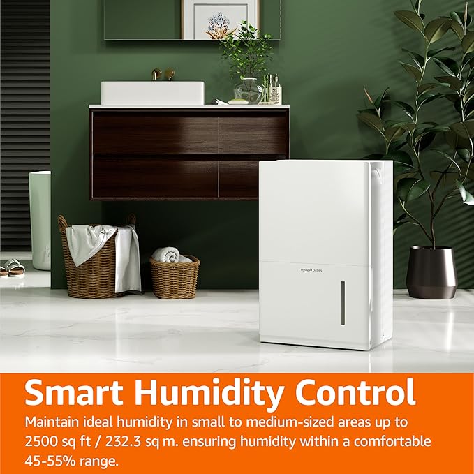 Amazon Basics 35-Pint Large Dehumidifier for Home, Humidity Control, Auto-Defrost, Timer, Overflow Protection, for Rooms up to 2500 SFT, White