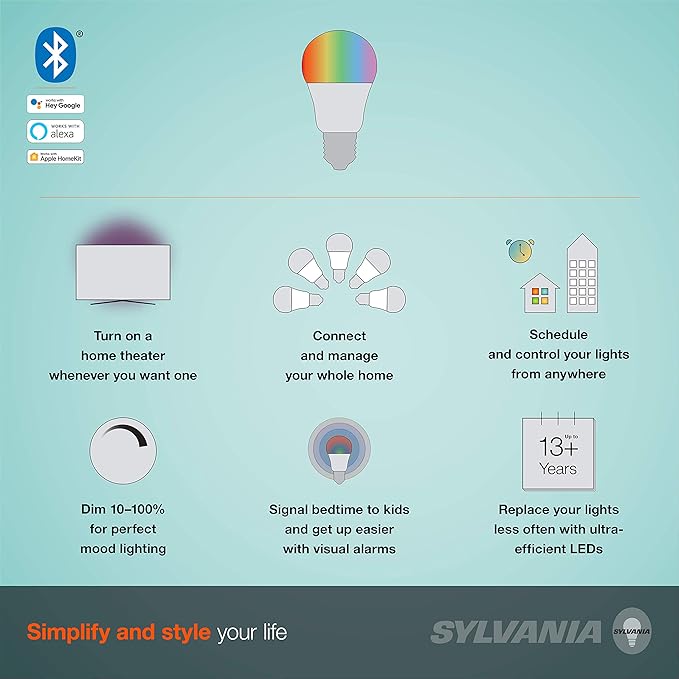 SYLVANIA SMART+ Bluetooth Full Color and Tunable White A19 LED Bulb, Fully Dimmable, Compatible with Alexa, Apple HomeKit and Google Assistant, 1 pack