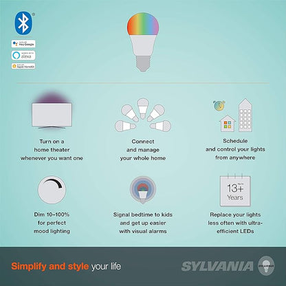 SYLVANIA SMART+ Bluetooth Full Color and Tunable White A19 LED Bulb, Fully Dimmable, Compatible with Alexa, Apple HomeKit and Google Assistant, 1 pack
