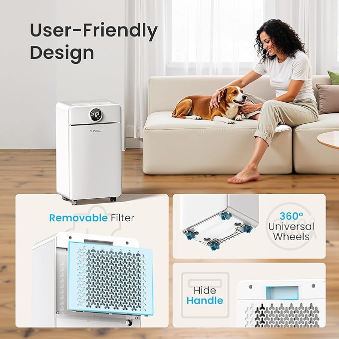 CHIVALZ 1500 Sq.Ft Dehumidifier for Basement with Drain Hose Max 25 Pints, Dehumidifiers for Home, Bedroom, Bathroom, Quiet, Intelligent Humidity Control, 3 Modes, 24H Timer, White 1Pack