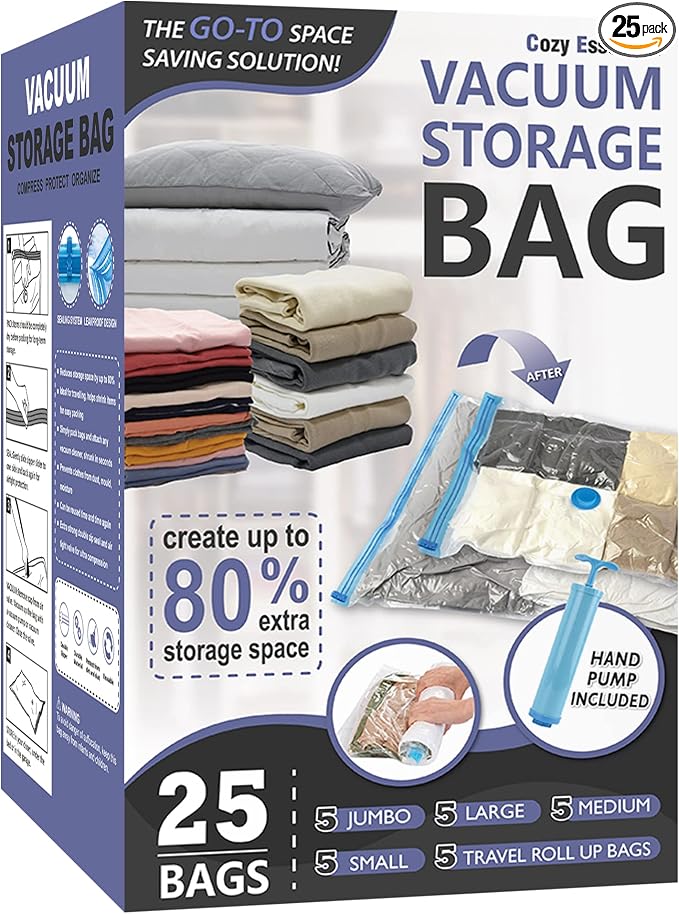 Vacuum Storage Bags with Hand Pump, Vacuum Seal Space Saver Bags,25 Combo | 80% Space-Saving Bags for Clothing, Blankets, Pillows, Bedding & Comforters; Multi-Size Variety Pack for Home & Travel