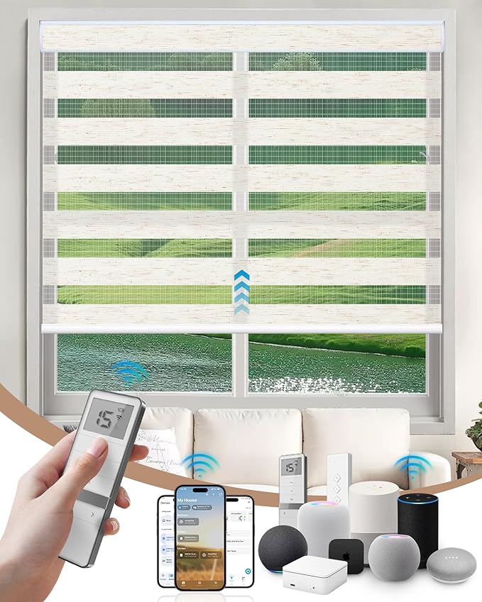 Kincmo Motorized Blinds with Remote, Motorized Zebra Shades Work with Apple Homekit,Alexa,Google Home, Customized Electric Blinds with Remote,App,Voice Control (75% Blackout Linen White)