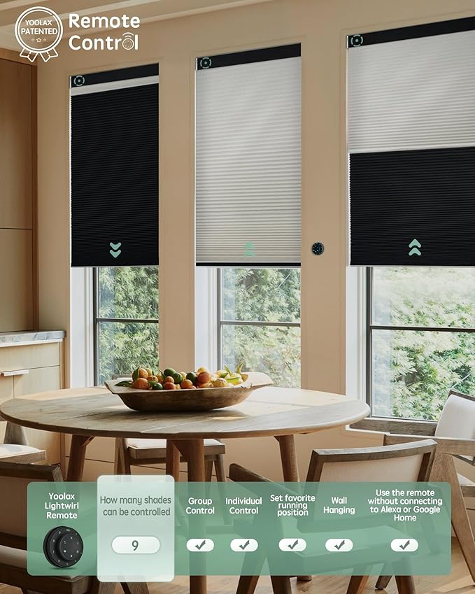 Yoolax Smart Motorized Day and Night Cellular Shades with Remote, Top Down Bottom Up Blinds Compatible with Alexa, Blackout and Light Filtering Honeycomb Blinds (Black)