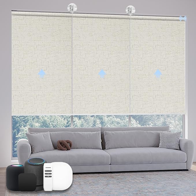 Motorized Coupled Shades, Blackout Smart Blinds for Large Windows Automatic Blinds Compatible with Alexa, Motorized Roller Shades Customized for Bedroom Home Office(Blackout-Linen Beige)