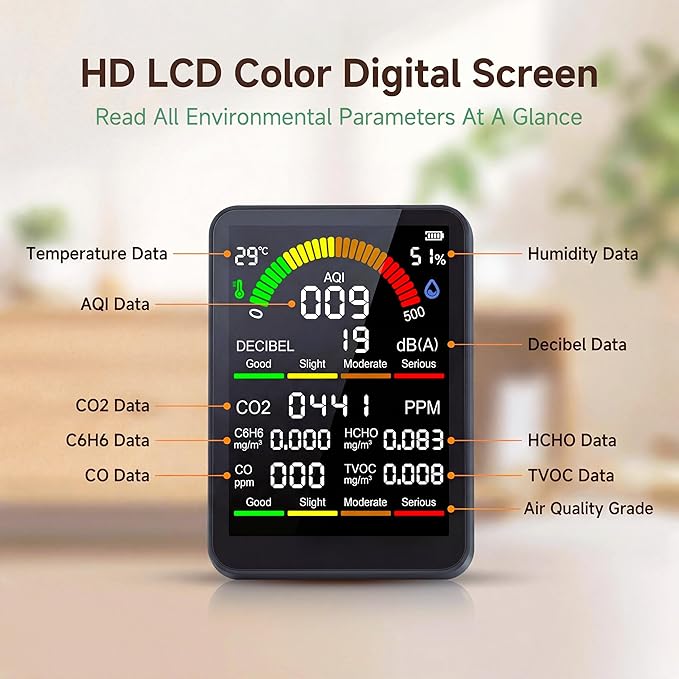 10 in 1 Indoor Air Quality Monitor, Portable Smart Air Quality Tester for CO2, CO, TVOC, HCHO, Temp, Hum, AQI, PM0.3-1, NVH, Formaldehyde Detector for Home, Car, Plants, Hotel, Pets