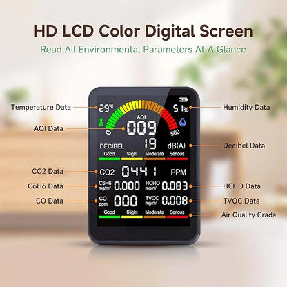 10 in 1 Indoor Air Quality Monitor, Portable Smart Air Quality Tester for CO2, CO, TVOC, HCHO, Temp, Hum, AQI, PM0.3-1, NVH, Formaldehyde Detector for Home, Car, Plants, Hotel, Pets